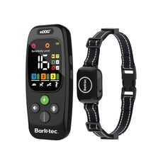 Black Barktec remote with colour display and matching black adjustable nylon collar with white stitching.
