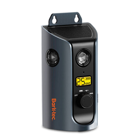 Single Barktec dark grey-blue ultrasonic device with two circular speakers, yellow LCD and mounting bracket.
