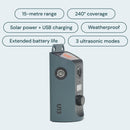 Single teal ultrasonic unit with two circular speakers, top solar panel, small display, rotary knob and mounting bracket.