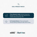 Infographic with two rounded panels (dark teal, pale grey) on ultrasonic bark control; eDog and Barktec logos.