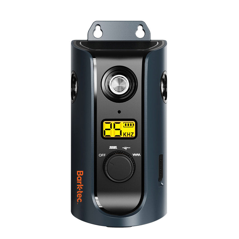 Single dark blue cylindrical Barktec device with top mounting bracket, yellow LCD, speaker and dial.