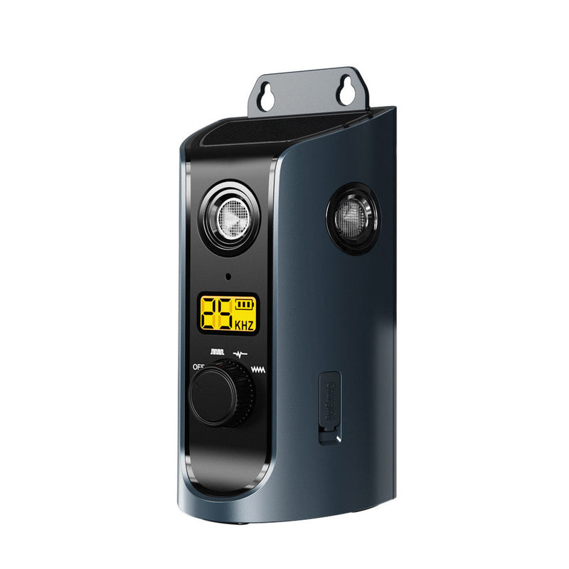 Single dark metallic blue ultrasonic bark control unit with two round speakers, yellow LCD display and dial.