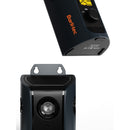 Two views of a dark blue Barktec device: top with orange logo and dial; front with bracket and round emitter.
