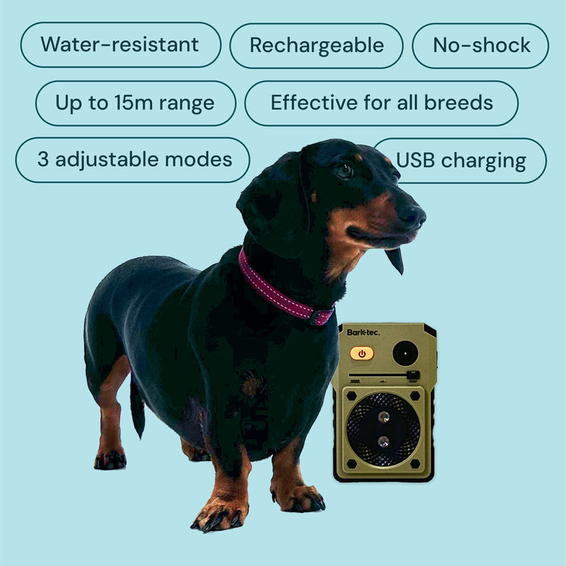 Outdoor/Indoor Ultrasonic Anti-Barking Device, showcasing product features and benefits for effective bark management.