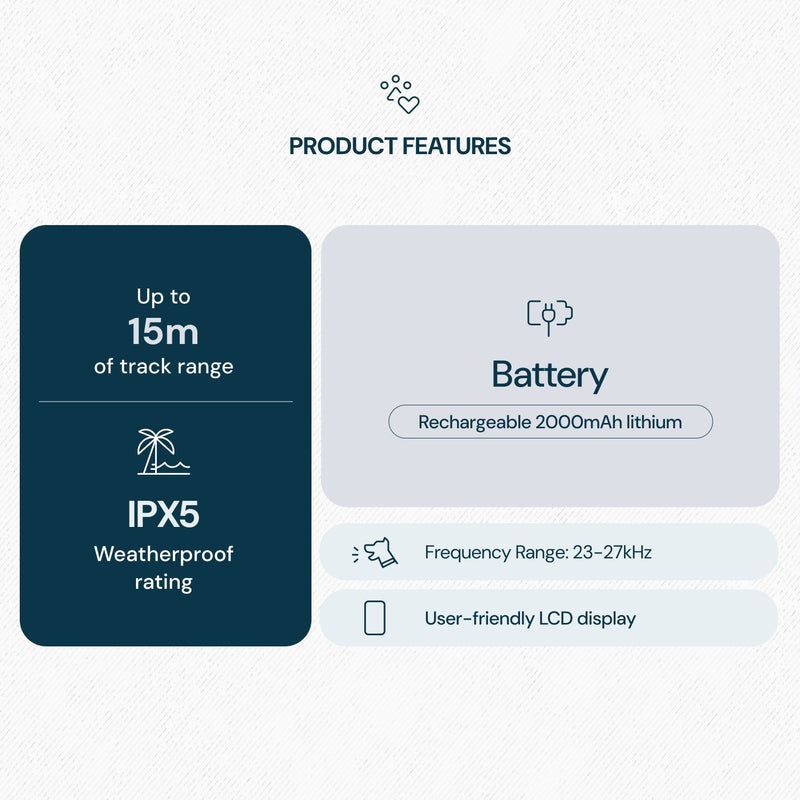 Graphic showing four feature panels: 15m range and IPX5, rechargeable 2000mAh battery, 23 - 27kHz and LCD.