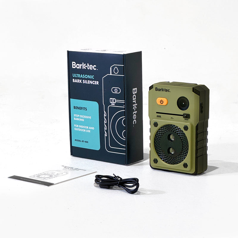 Packaging of the Barktec Outdoor/Indoor Ultrasonic Anti-Barking Device, showcasing product features and benefits for effective bark management