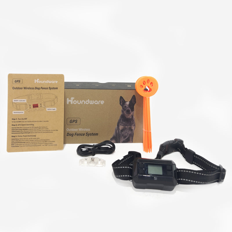 Components of the Wireless GPS Containment Fence system, including the GPS collar, base unit, charging cable, and user manual.